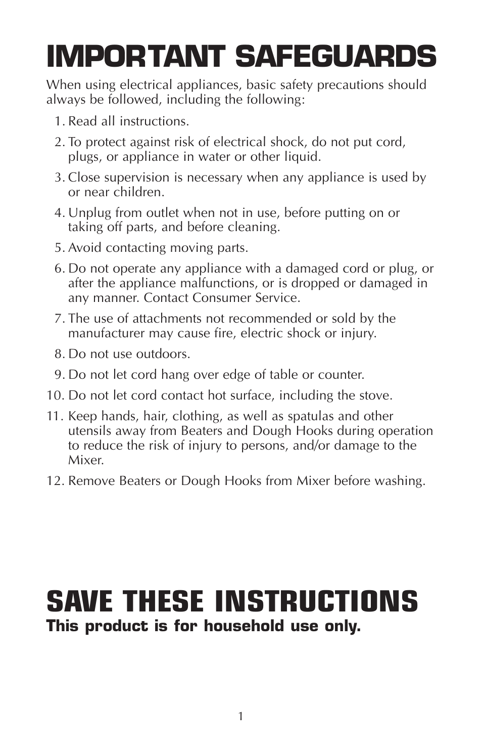 Important safeguards, Save these instructions | FARBERWARE HAND MIXER FSHM100 User Manual | Page 2 / 8