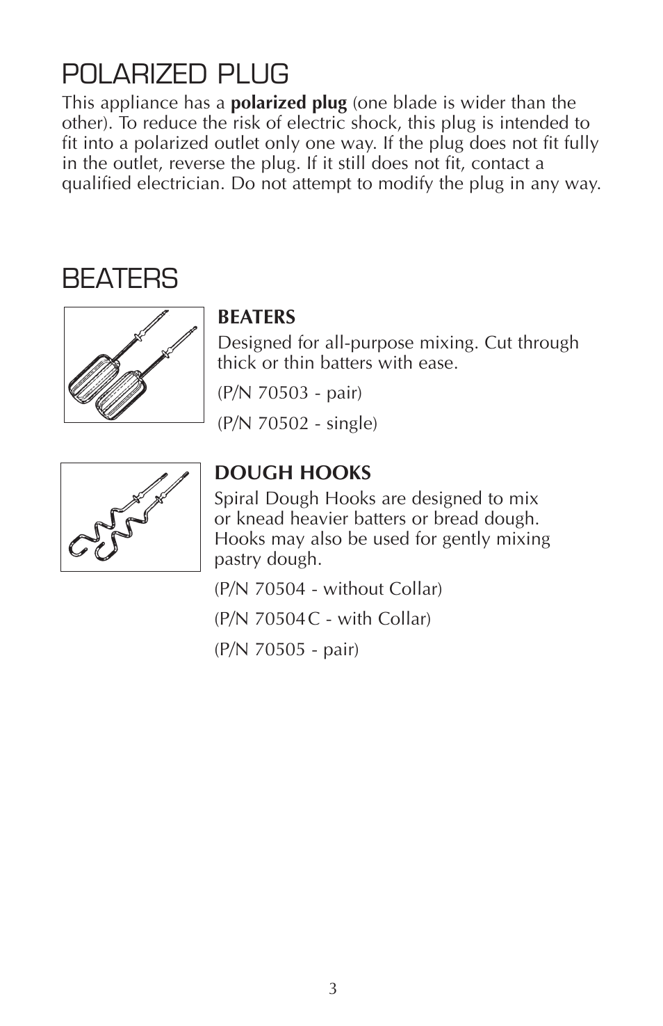 Polarized plug, Beaters | FARBERWARE HAND MIXER FSHM100 User Manual | Page 4 / 8