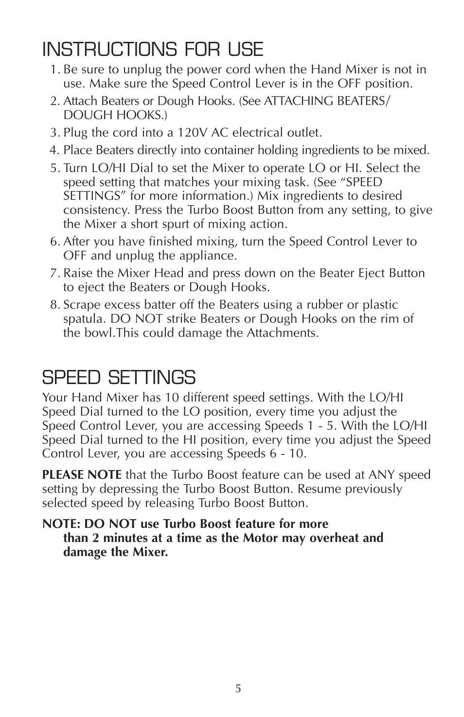 Instructions for use, Speed settings | FARBERWARE HAND MIXER FSHM100 User Manual | Page 6 / 8