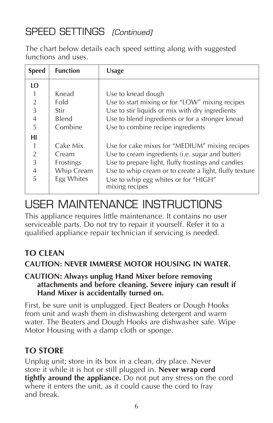 User maintenance instructions, Speed settings | FARBERWARE HAND MIXER FSHM100 User Manual | Page 7 / 8