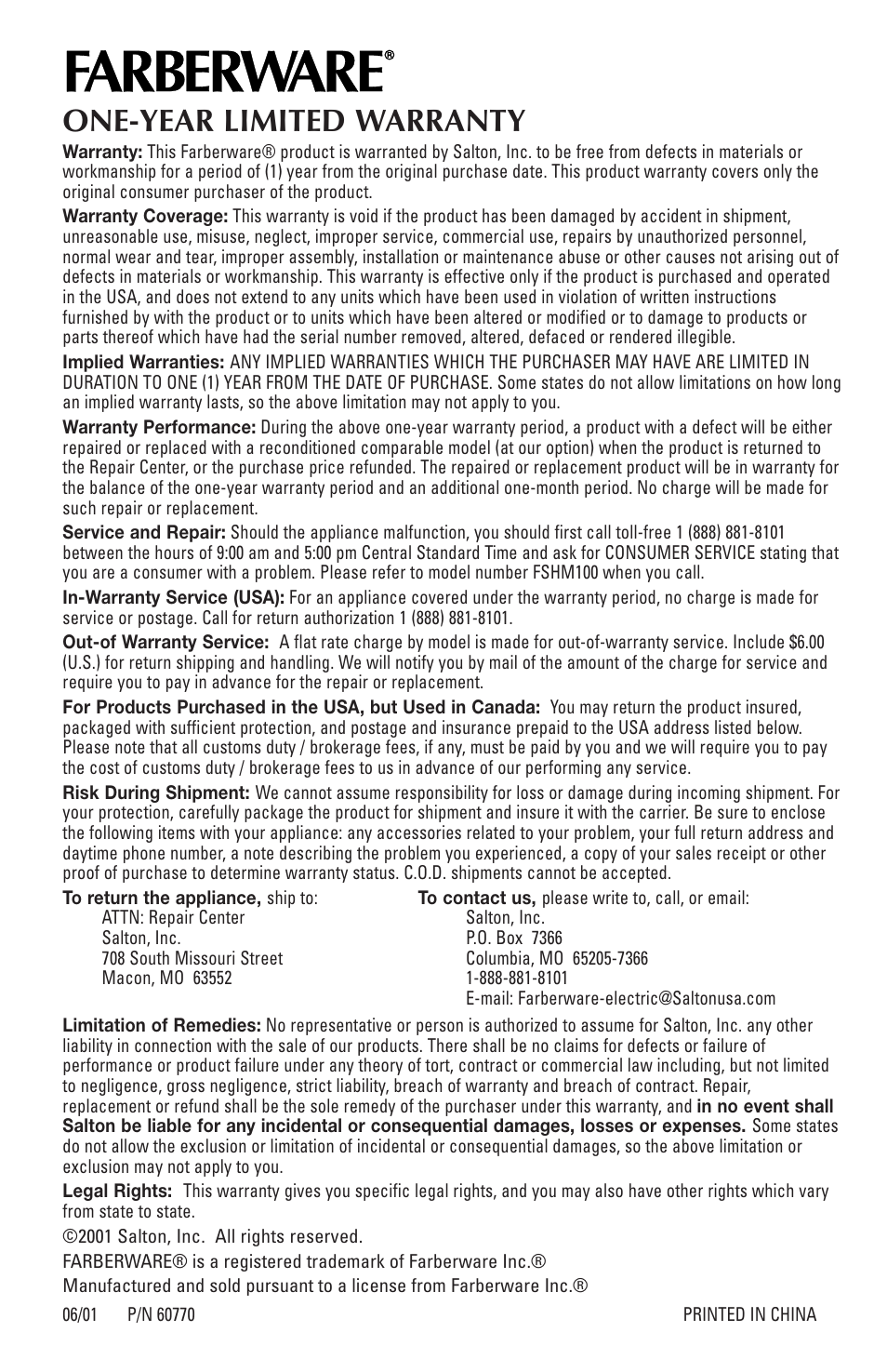 One-year limited warranty | FARBERWARE HAND MIXER FSHM100 User Manual | Page 8 / 8