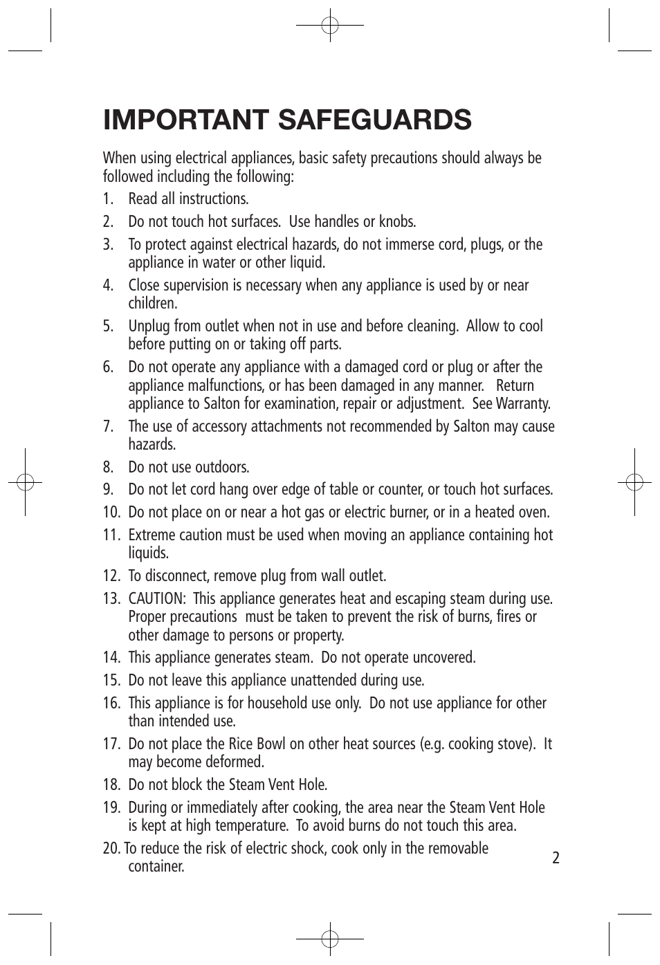 Important safeguards | Salton, Inc RC-1211 User Manual | Page 2 / 7