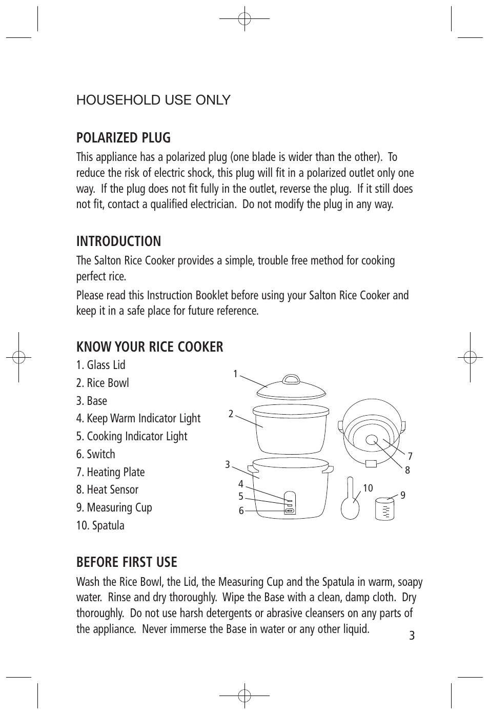 Save these instructions, Polarized plug, Introduction | Know your rice cooker, Before first use | Salton, Inc RC-1211 User Manual | Page 3 / 7