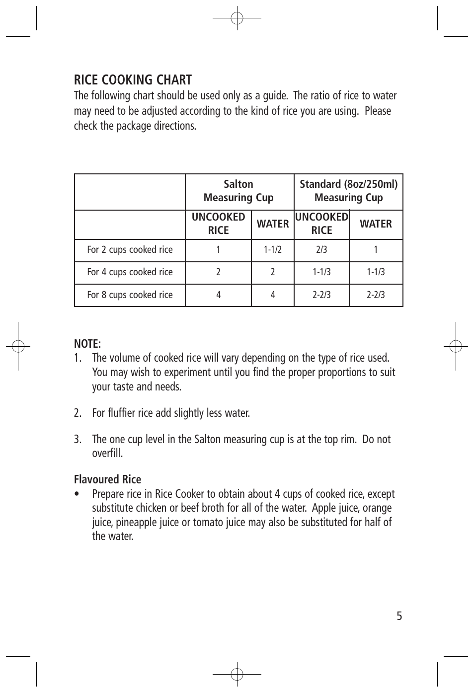 Rice cooking chart | Salton, Inc RC-1211 User Manual | Page 5 / 7