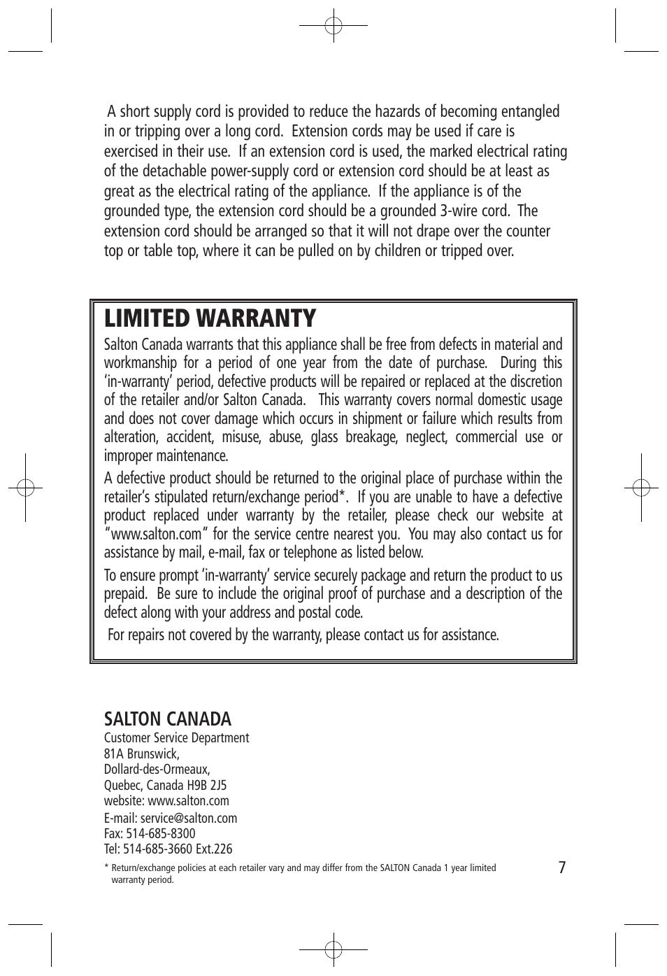 Limited warranty, Salton canada | Salton, Inc RC-1211 User Manual | Page 7 / 7