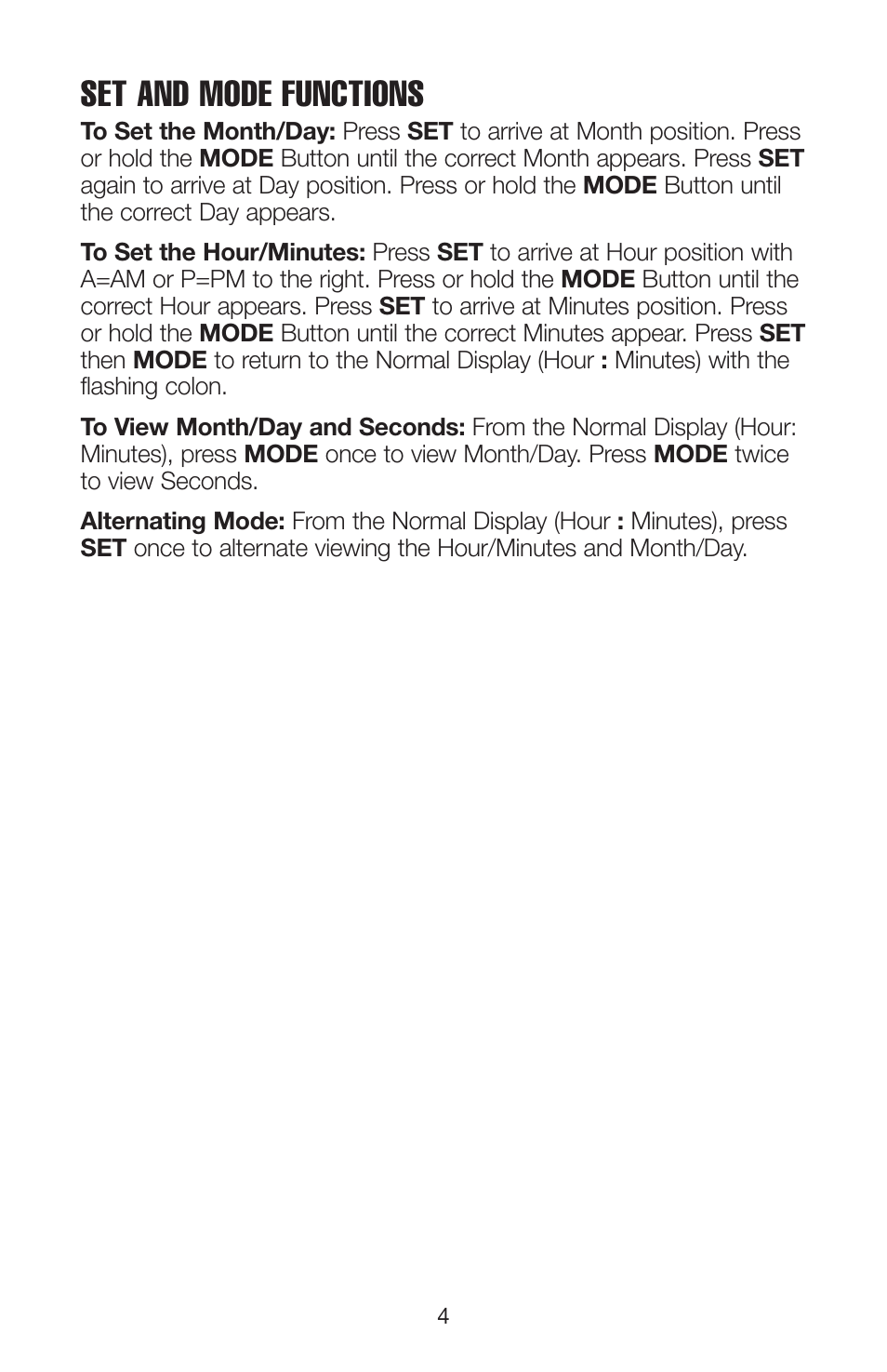 Set and mode functions | Salton, Inc WT50PB User Manual | Page 5 / 6