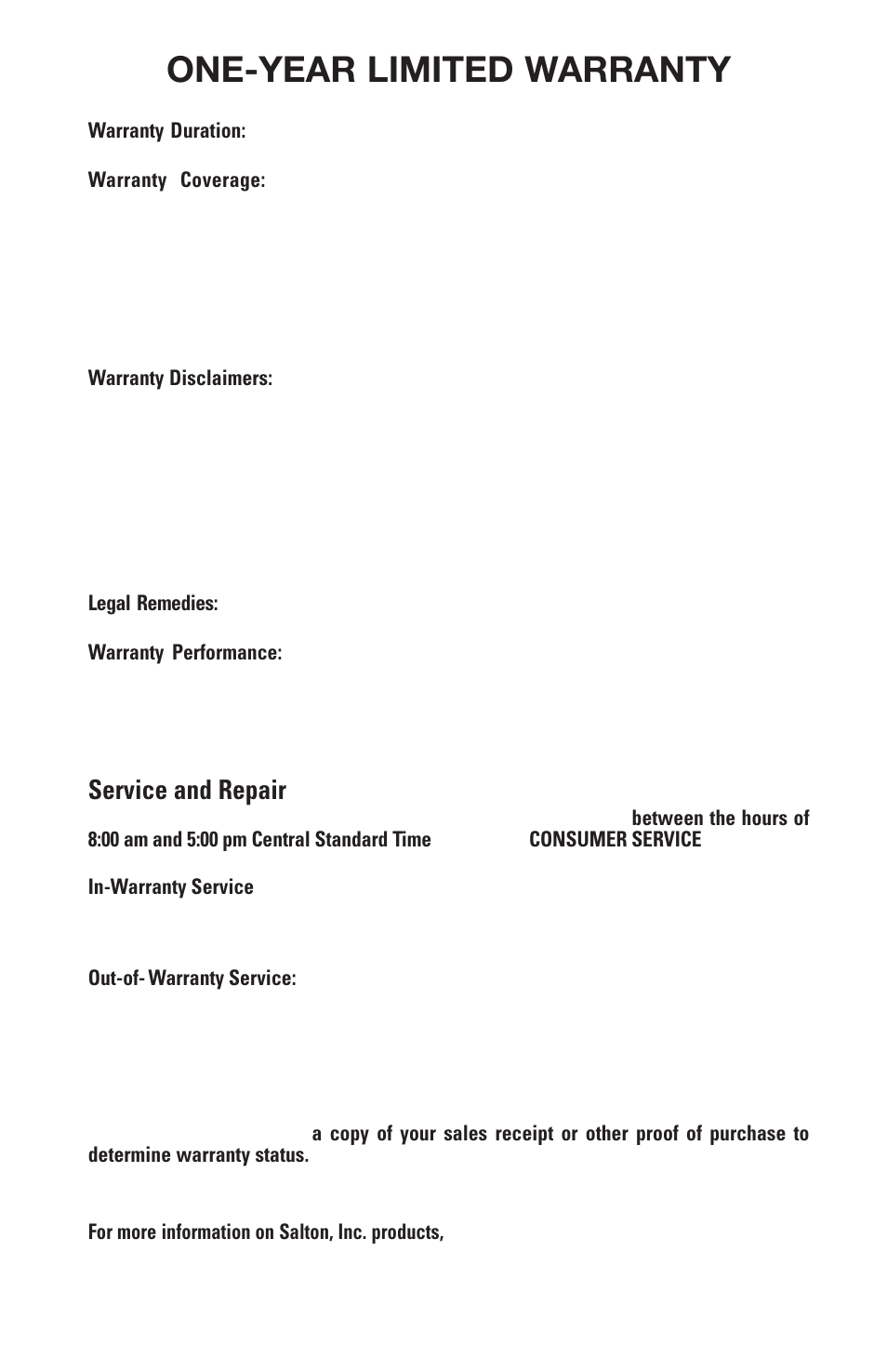 One-year limited warranty, Service and repair | Salton, Inc WT50PB User Manual | Page 6 / 6