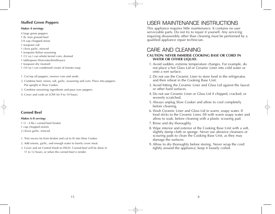 User maintenance instructions, Care and cleaning | FARBERWARE SLOW COOKER FSSC500 User Manual | Page 16 / 24