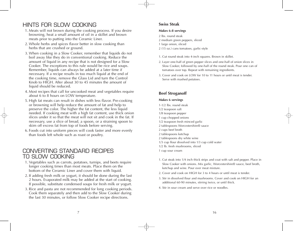 Hints for slow cooking, Converting standard recipes to slow cooking | FARBERWARE SLOW COOKER FSSC500 User Manual | Page 17 / 24