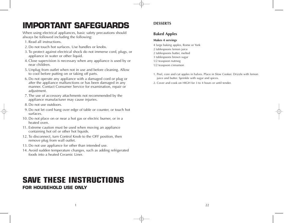 Important safeguards, Save these instructions | FARBERWARE SLOW COOKER FSSC500 User Manual | Page 2 / 24