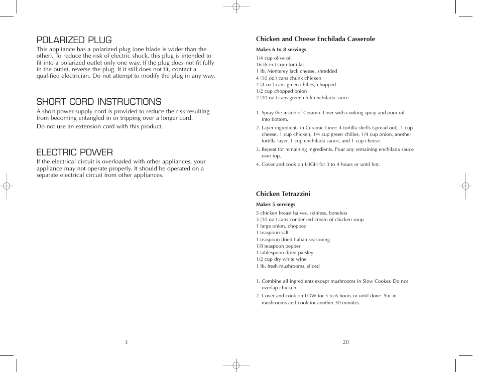 Polarized plug, Short cord instructions, Electric power | FARBERWARE SLOW COOKER FSSC500 User Manual | Page 21 / 24
