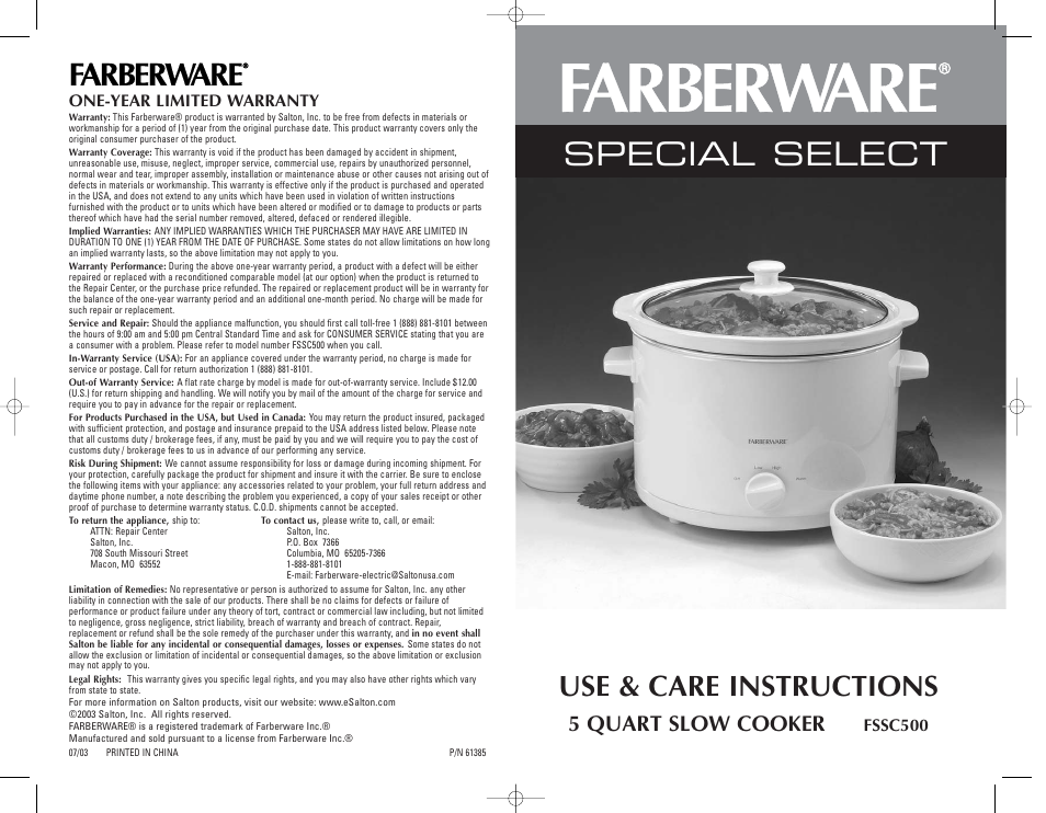Special select, Use & care instructions, 5 quart slow cooker | FARBERWARE SLOW COOKER FSSC500 User Manual | Page 24 / 24