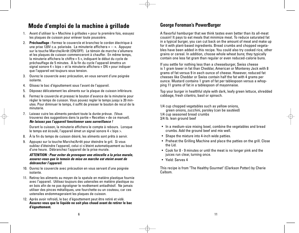 Mode d’emploi de la machine à grillade, George foreman’s powerburger | Salton, Inc GR18SBTMR User Manual | Page 11 / 48