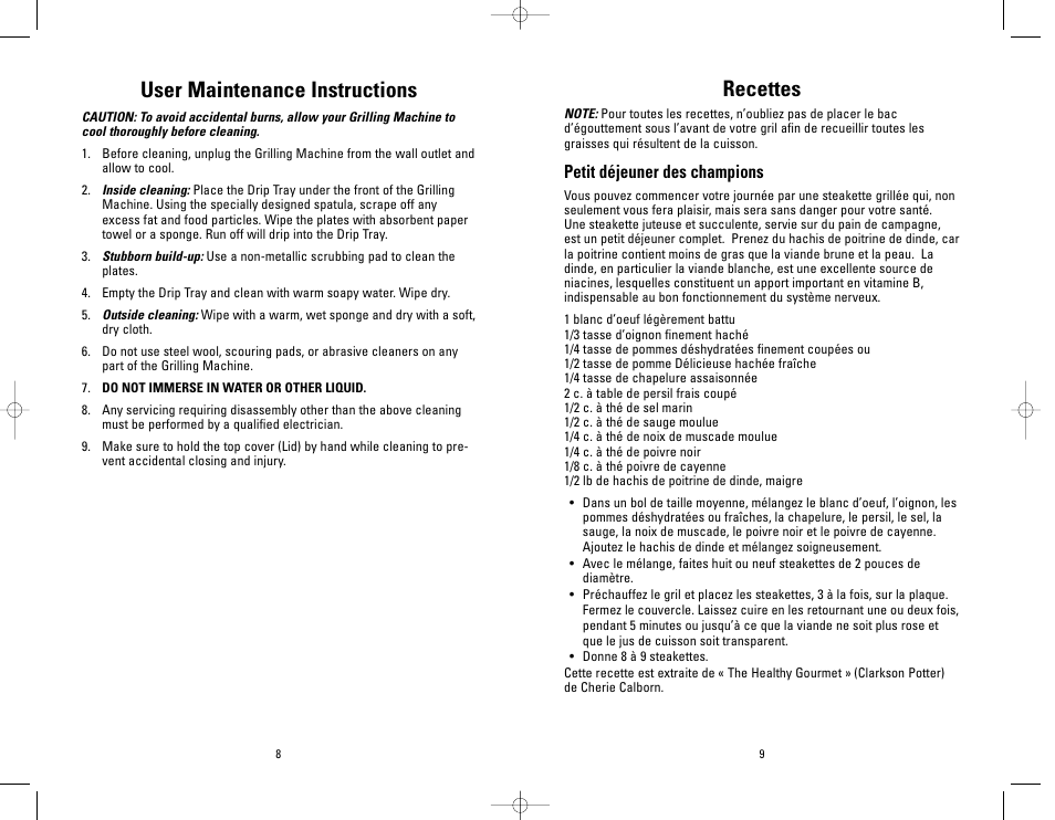 Recettes, User maintenance instructions, Petit déjeuner des champions | Salton, Inc GR18SBTMR User Manual | Page 8 / 48