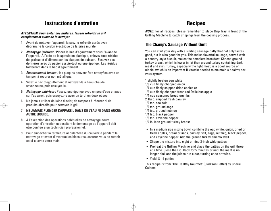 Recipes, Instructions d’entretien, The champ’s sausage without guilt | Salton, Inc GR18SBTMR User Manual | Page 9 / 48