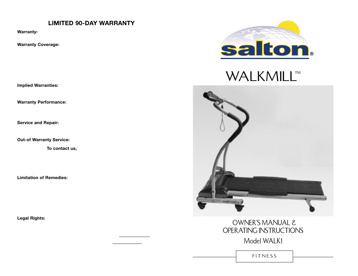 Walkmill, Limited 90-day warranty | Salton, Inc WALKMILL User Manual | Page 20 / 20