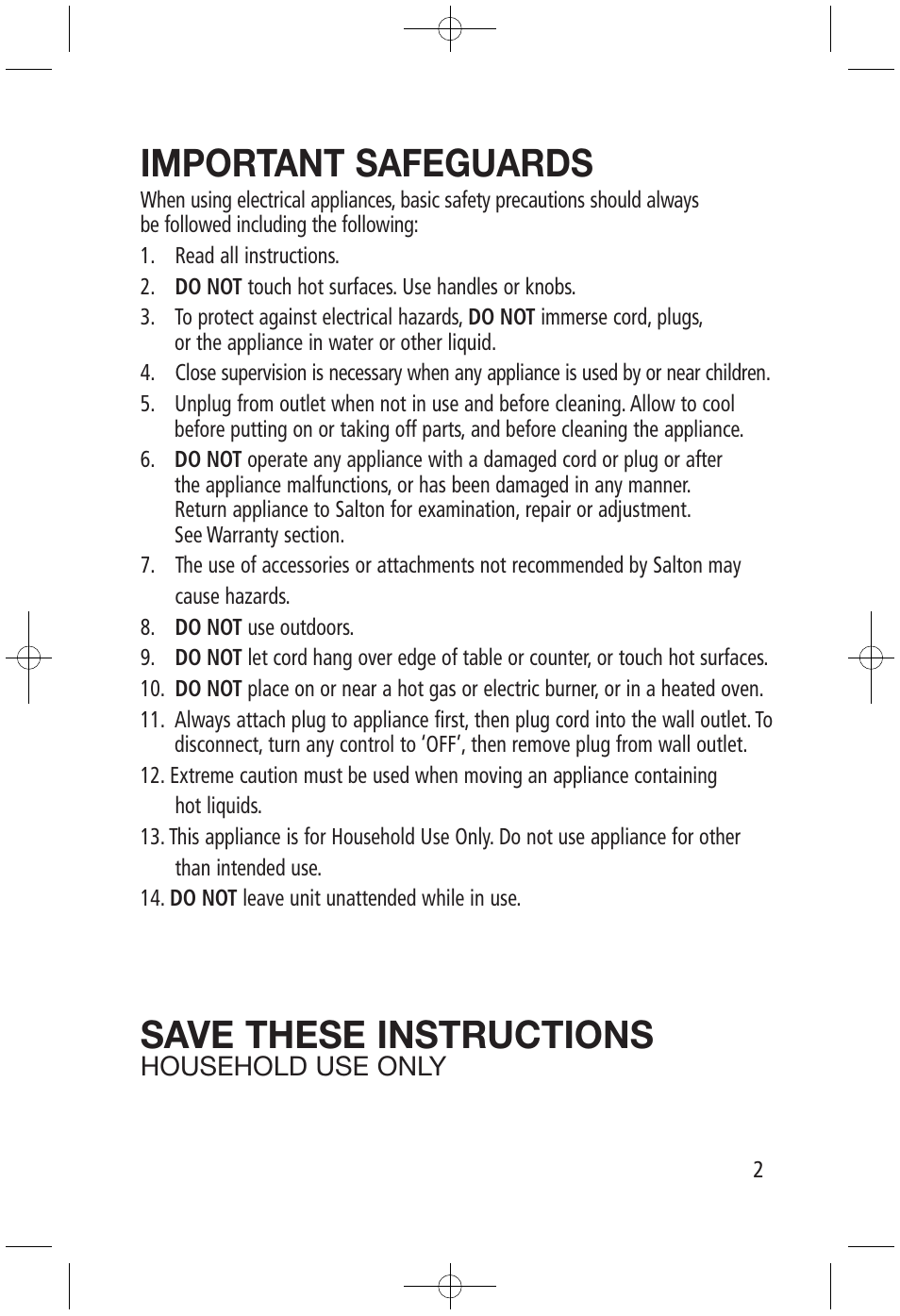 Important safeguards, Save these instructions | Salton, Inc FC-1205 User Manual | Page 2 / 3