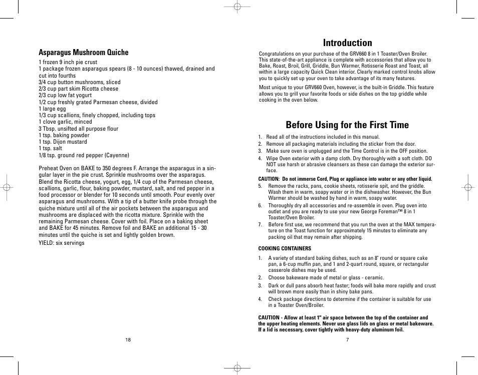 Before using for the first time, Introduction, Asparagus mushroom quiche | Salton, Inc GRV660 User Manual | Page 18 / 24
