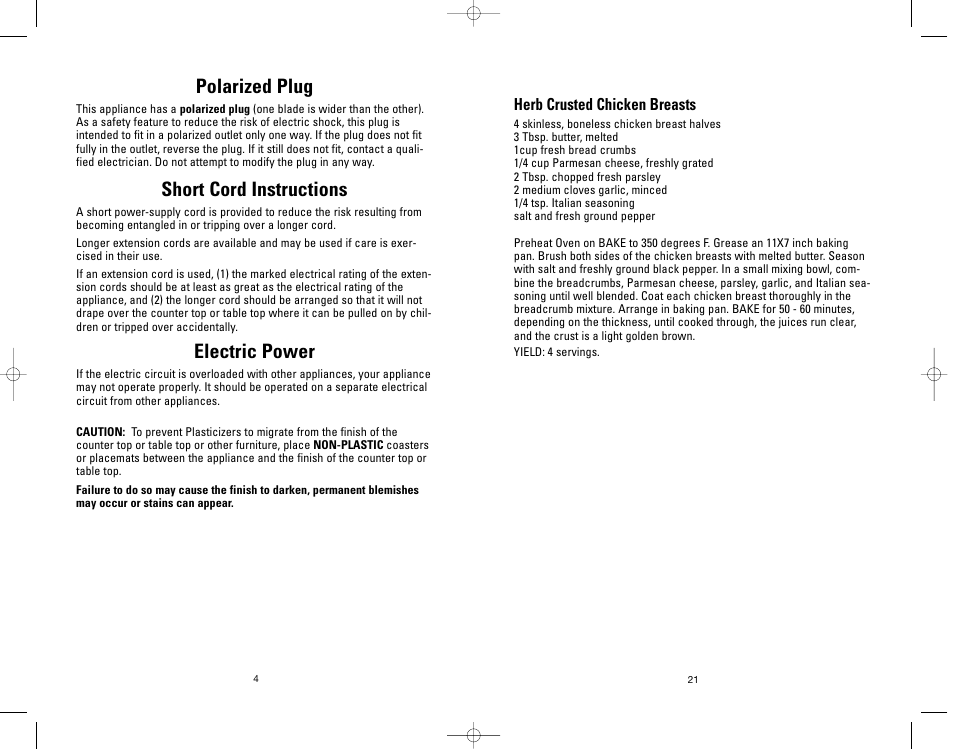 Polarized plug, Short cord instructions, Electric power | Salton, Inc GRV660 User Manual | Page 4 / 24