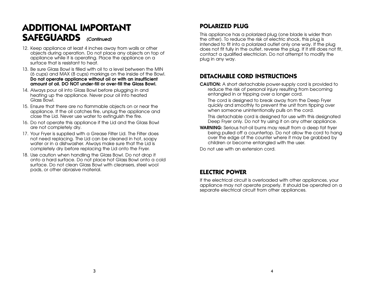 Additional important safeguards, Polarized plug, Detachable cord instructions | Electric power | Salton, Inc RHGDF14 User Manual | Page 4 / 30