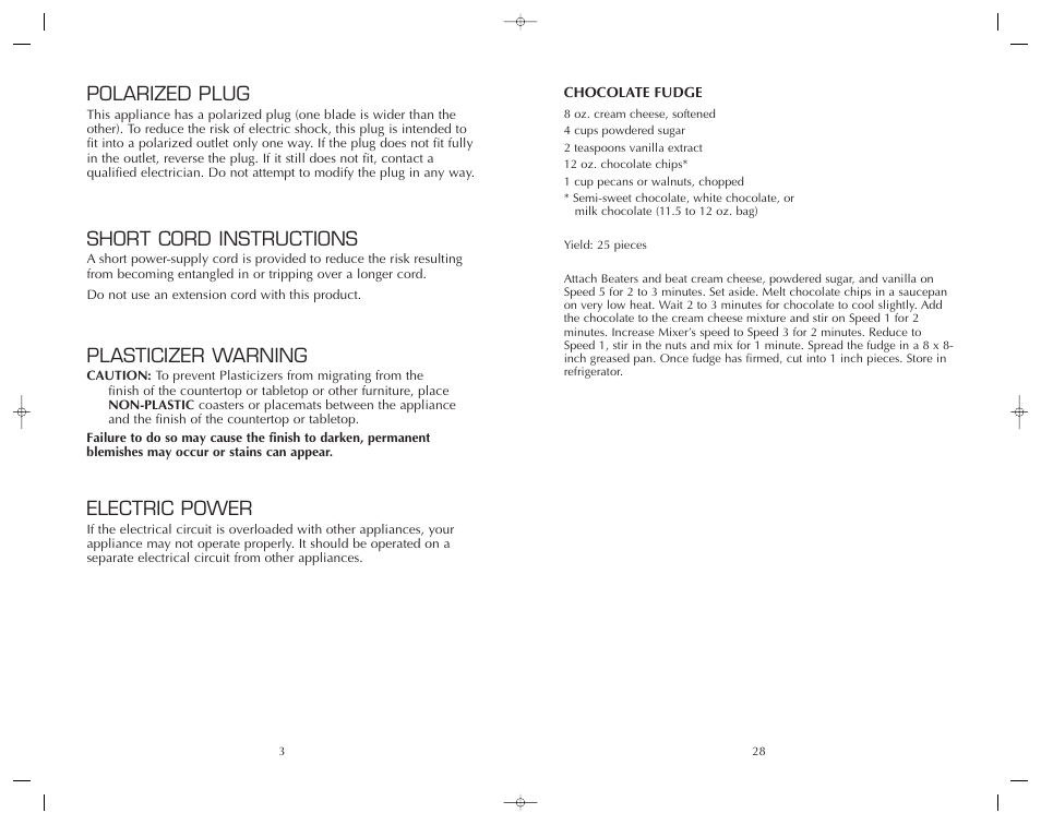 Polarized plug, Short cord instructions, Plasticizer warning | Electric power | FARBERWARE MIXER FSM126EM User Manual | Page 29 / 32
