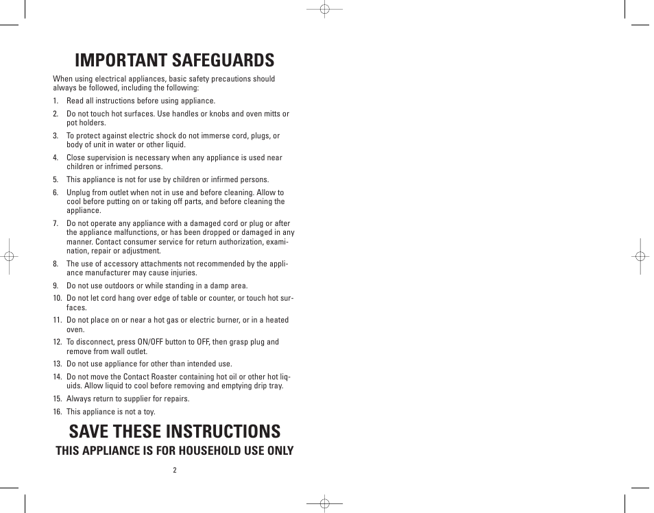 Important safeguards, Save these instructions, This appliance is for household use only | Salton, Inc GV5 User Manual | Page 2 / 11
