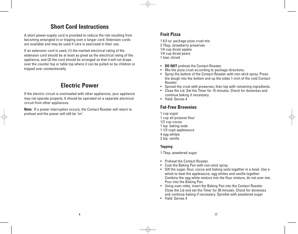 Short cord instructions, Electric power | Salton, Inc GV5 User Manual | Page 4 / 11