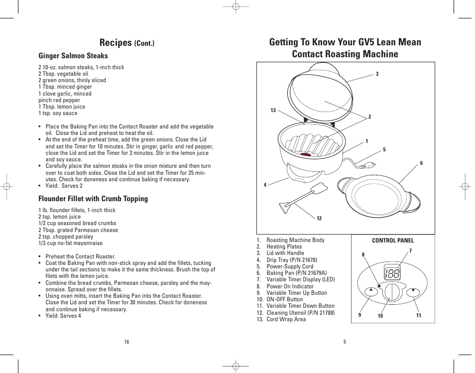 Recipes, Cont.) ginger salmon steaks, Flounder fillet with crumb topping | Salton, Inc GV5 User Manual | Page 5 / 11