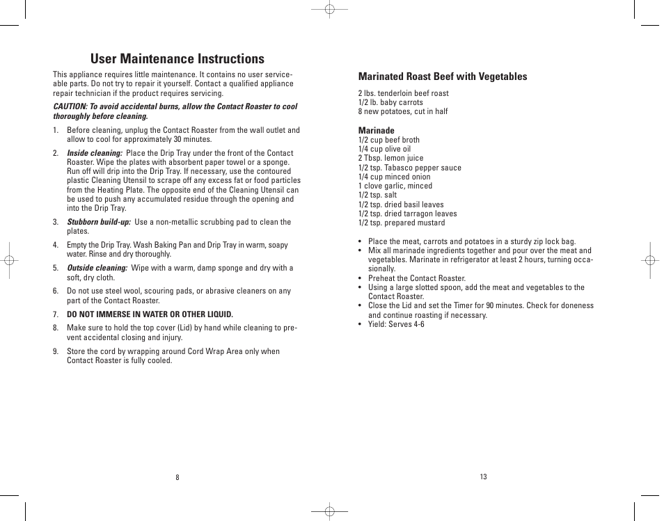 User maintenance instructions | Salton, Inc GV5 User Manual | Page 8 / 11