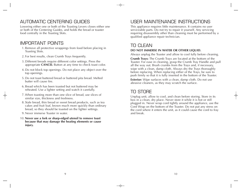 User maintenance instructions, Automatic centering guides, Important points | FARBERWARE FST400M User Manual | Page 10 / 12