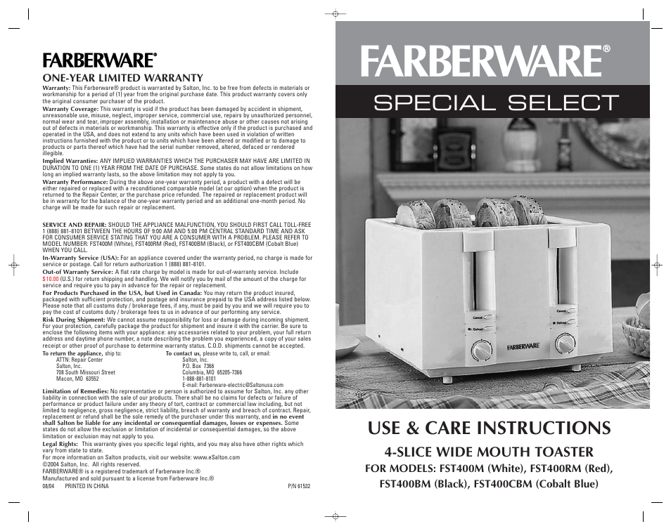 Special select, Use & care instructions, Slice wide mouth toaster | FARBERWARE FST400M User Manual | Page 12 / 12