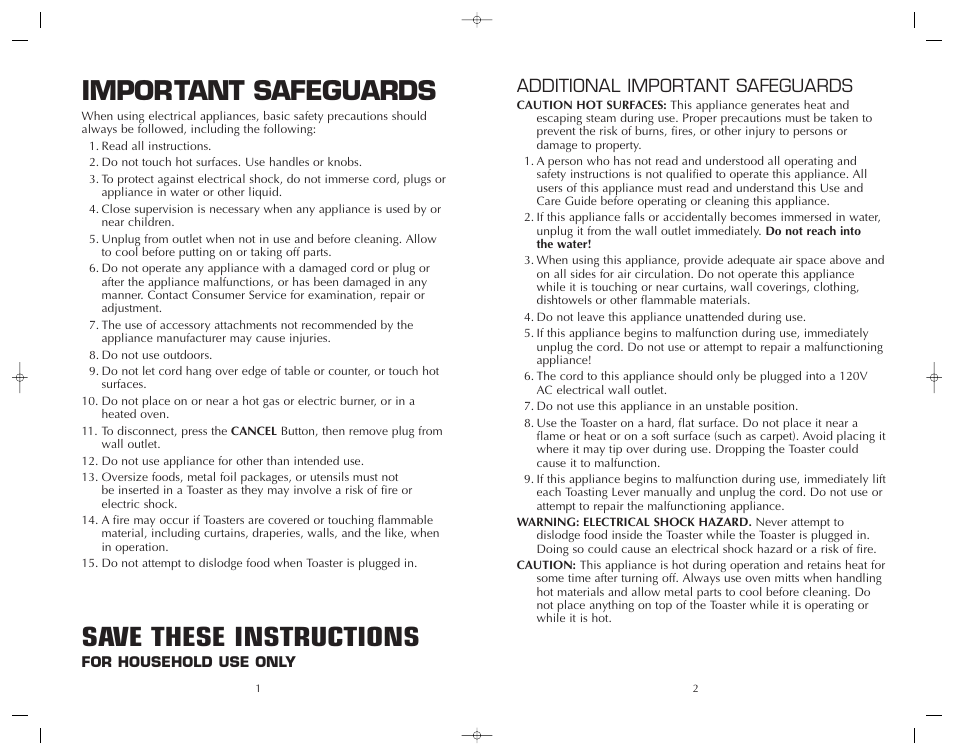 Important safeguards, Save these instructions, Additional important safeguards | FARBERWARE FST400M User Manual | Page 2 / 12