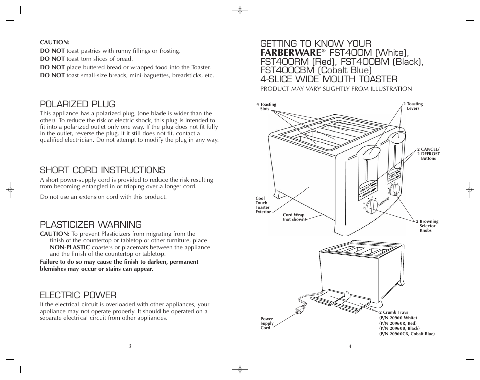Farberware, Polarized plug, Short cord instructions | Plasticizer warning, Electric power, Getting to know your | FARBERWARE FST400M User Manual | Page 4 / 12