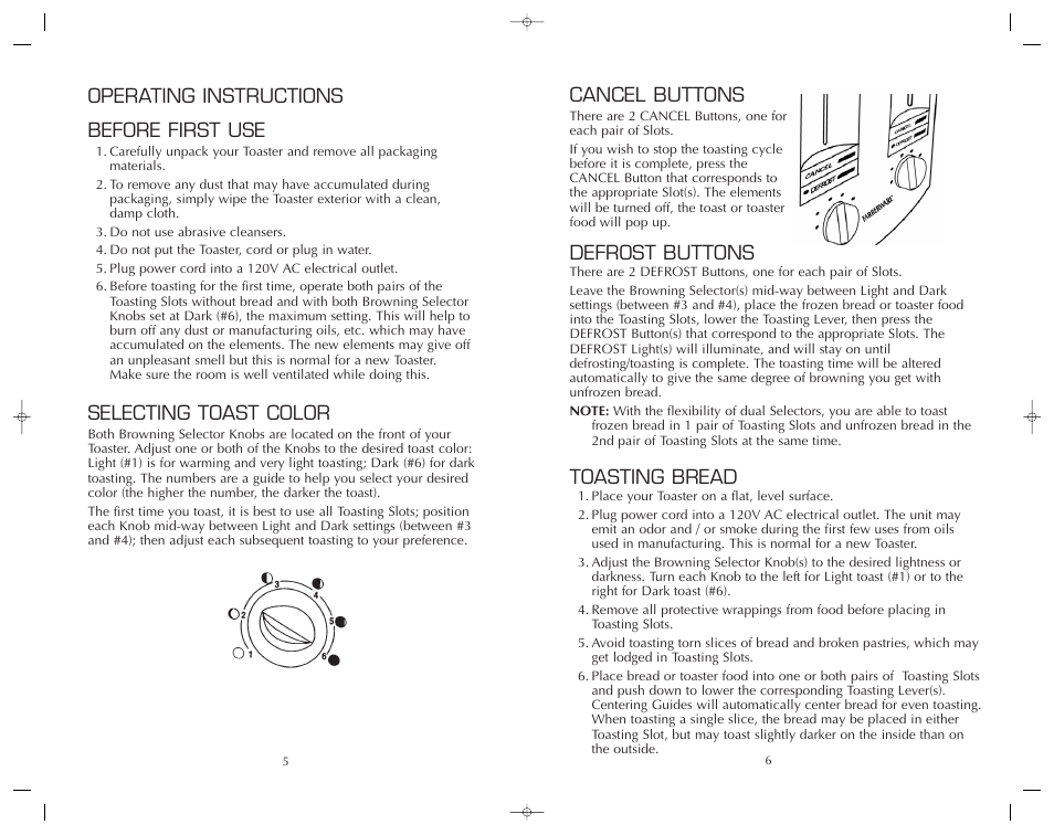 Operating instructions before first use, Selecting toast color, Cancel buttons | Defrost buttons, Toasting bread | FARBERWARE FST400M User Manual | Page 6 / 12
