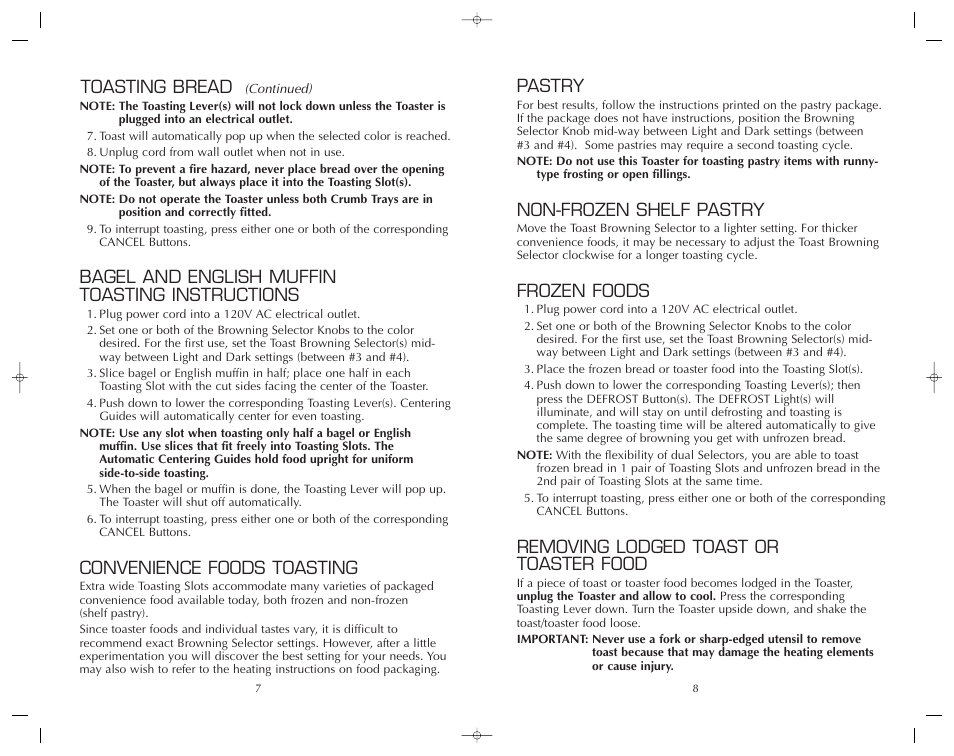 Pastry, Non-frozen shelf pastry, Frozen foods | Removing lodged toast or toaster food, Toasting bread, Bagel and english muffin toasting instructions, Convenience foods toasting | FARBERWARE FST400M User Manual | Page 9 / 12