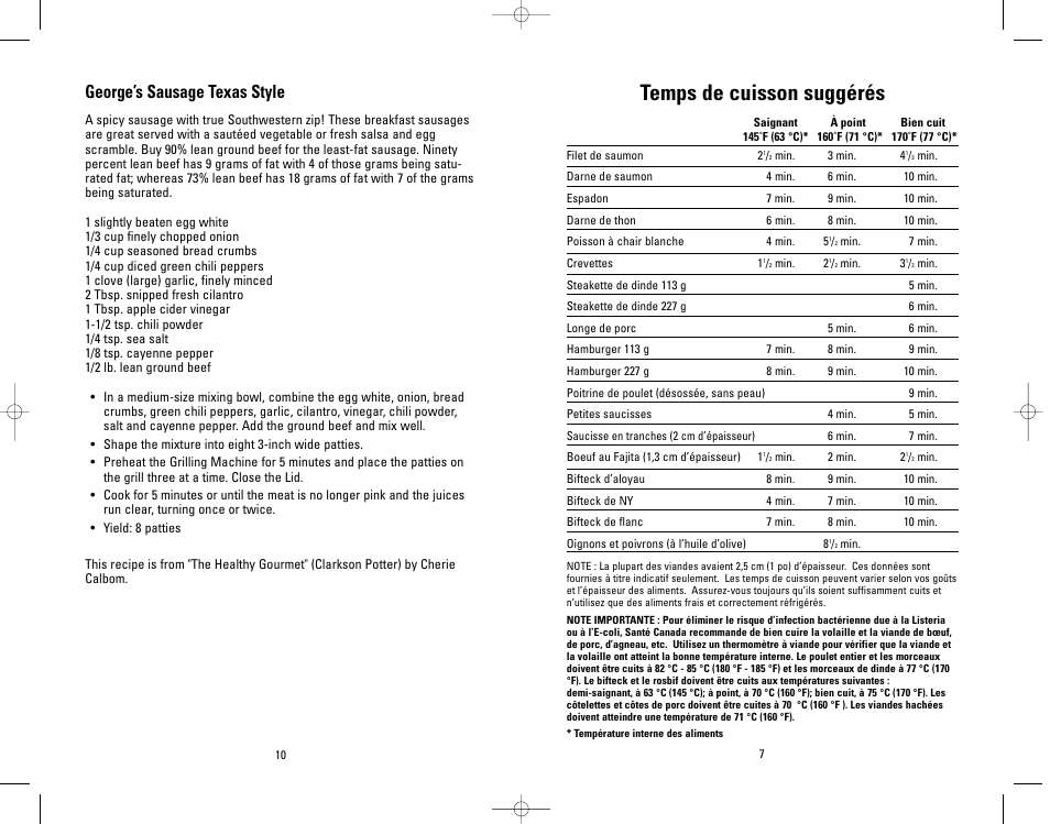 Temps de cuisson suggérés, George’s sausage texas style | Salton, Inc GR26SP User Manual | Page 10 / 48