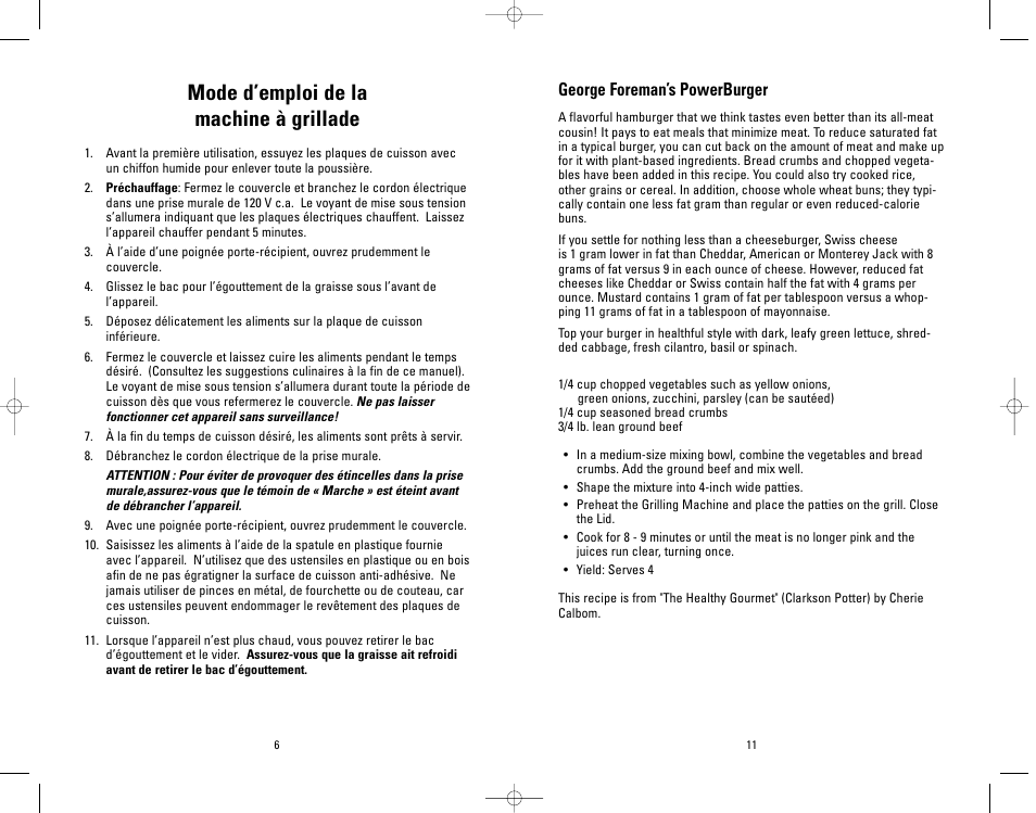 Mode d’emploi de la machine à grillade, George foreman’s powerburger | Salton, Inc GR26SP User Manual | Page 11 / 48