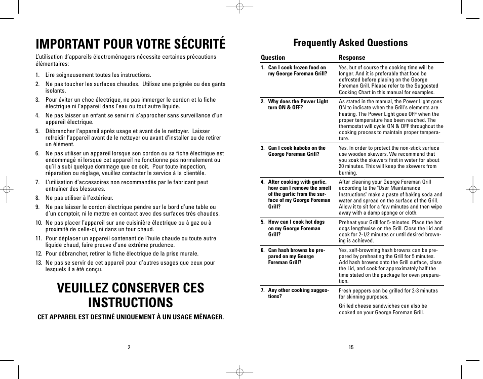 Important pour votre sécurité, Veuillez conserver ces instructions, Frequently asked questions | Salton, Inc GR26SP User Manual | Page 18 / 48