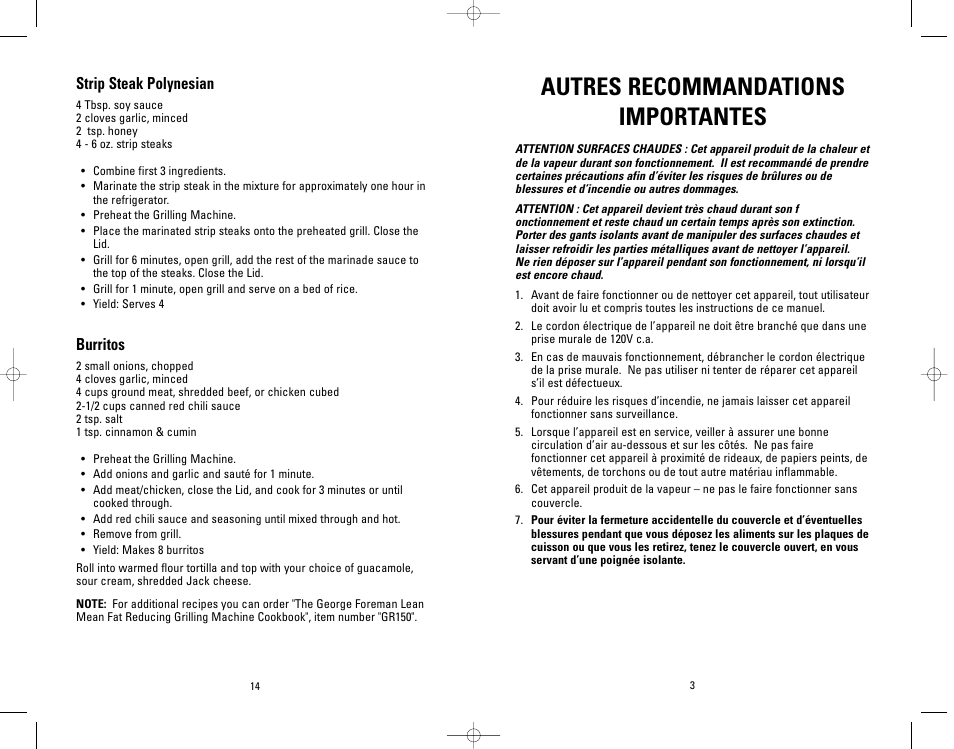 Autres recommandations importantes | Salton, Inc GR26SP User Manual | Page 19 / 48