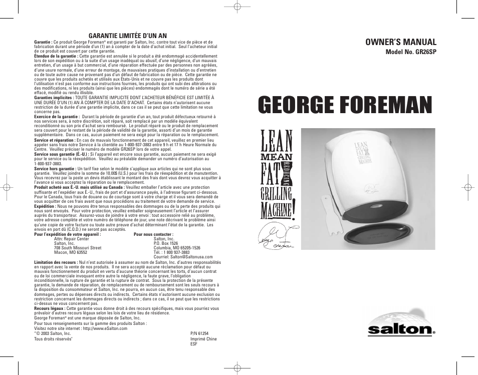 George foreman, Owner’s manual | Salton, Inc GR26SP User Manual | Page 32 / 48