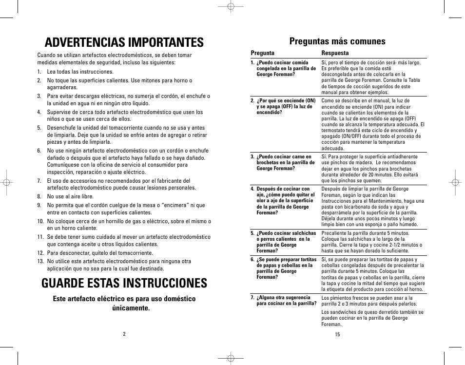 Advertencias importantes, Guarde estas instrucciones, Preguntas más comunes | Salton, Inc GR26SP User Manual | Page 34 / 48