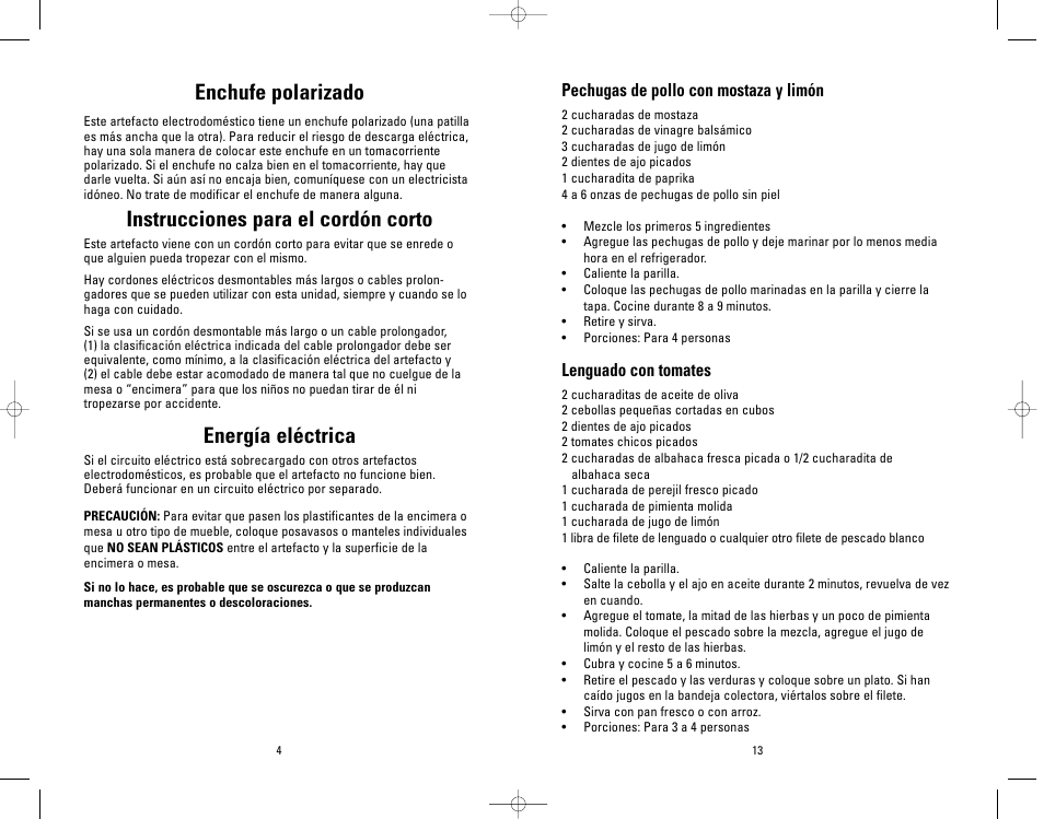 Enchufe polarizado, Instrucciones para el cordón corto, Energía eléctrica | Pechugas de pollo con mostaza y limón, Lenguado con tomates | Salton, Inc GR26SP User Manual | Page 36 / 48