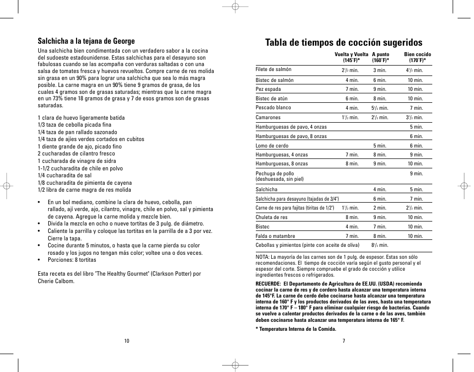 Tabla de tiempos de cocción sugeridos, Salchicha a la tejana de george | Salton, Inc GR26SP User Manual | Page 39 / 48