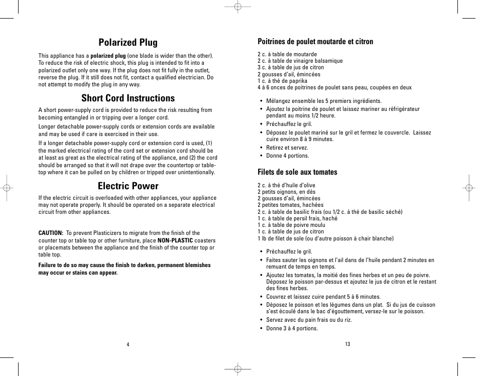 Polarized plug, Short cord instructions, Electric power | Salton, Inc GR26SP User Manual | Page 4 / 48