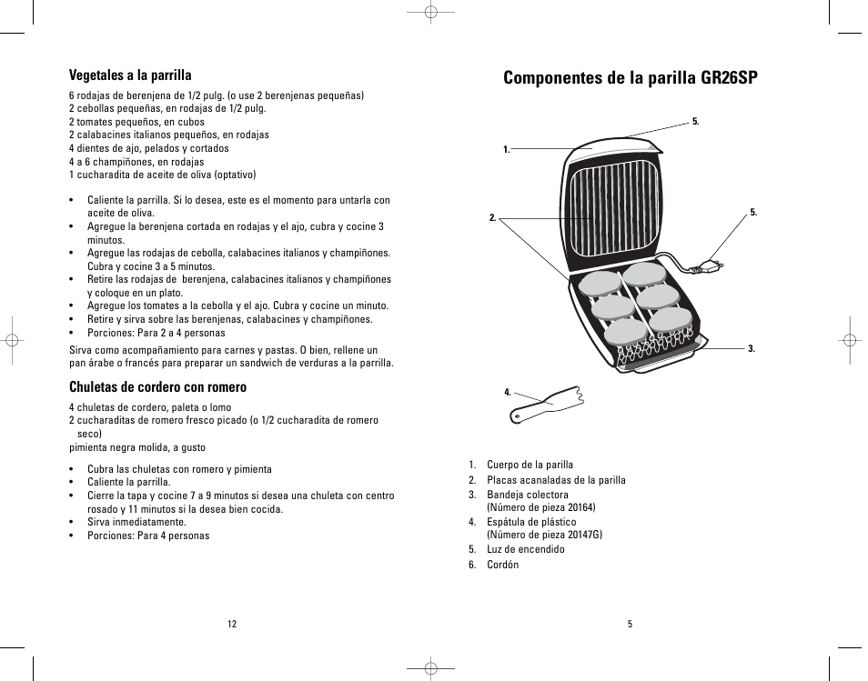 Componentes de la parilla gr26sp, Vegetales a la parrilla, Chuletas de cordero con romero | Salton, Inc GR26SP User Manual | Page 44 / 48