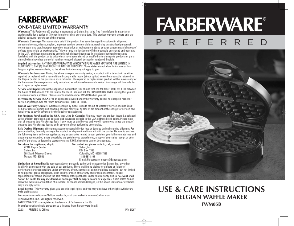 Use & care instructions, Belgian waffle maker | FARBERWARE WAFFLE MAKER FWM85B User Manual | Page 12 / 12