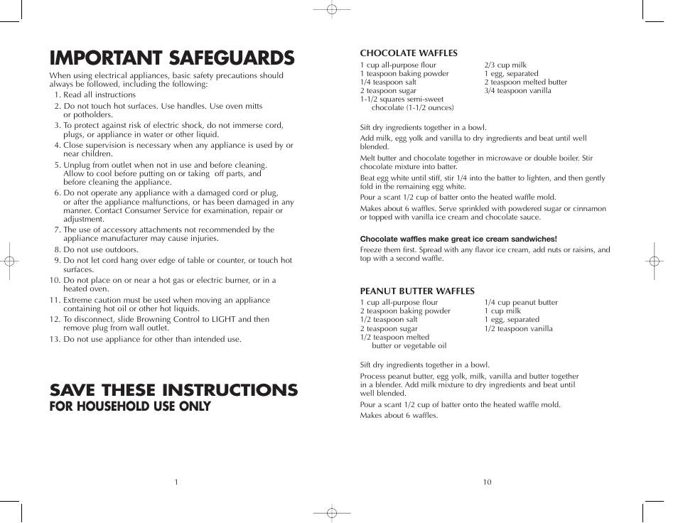 Important safeguards, Save these instructions, For household use only | FARBERWARE WAFFLE MAKER FWM85B User Manual | Page 2 / 12