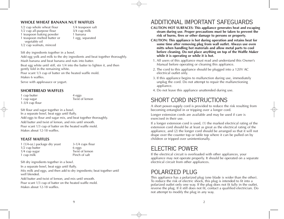 Additional important safeguards, Short cord instructions, Electric power | Polarized plug | FARBERWARE WAFFLE MAKER FWM85B User Manual | Page 3 / 12
