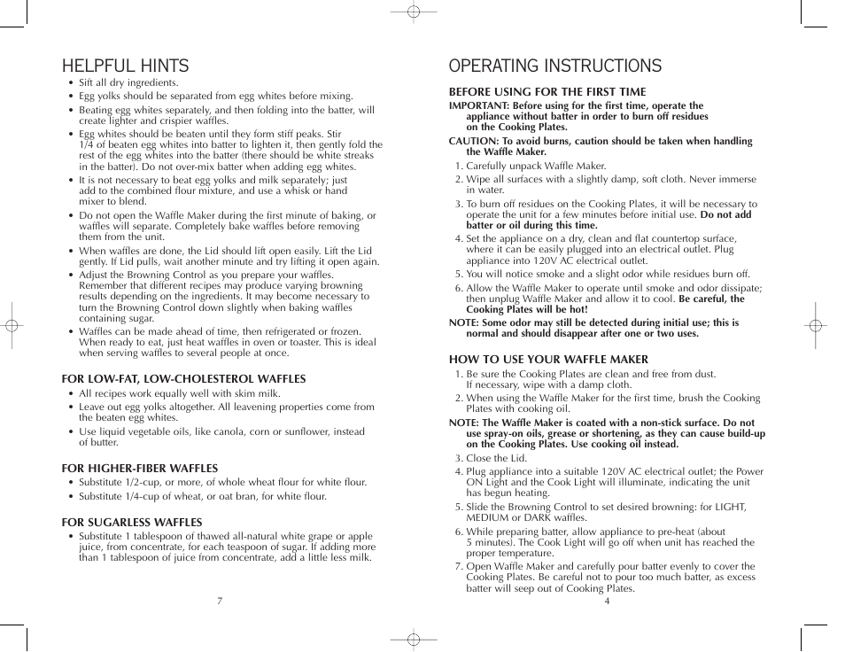 Helpful hints, Operating instructions | FARBERWARE WAFFLE MAKER FWM85B User Manual | Page 8 / 12