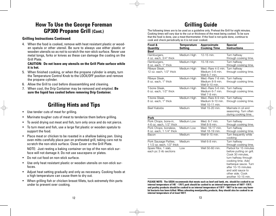 Grilling guide, Grilling hints and tips, How to use the george foreman gp300 propane grill | Cont.) | Salton, Inc GP300 User Manual | Page 11 / 23